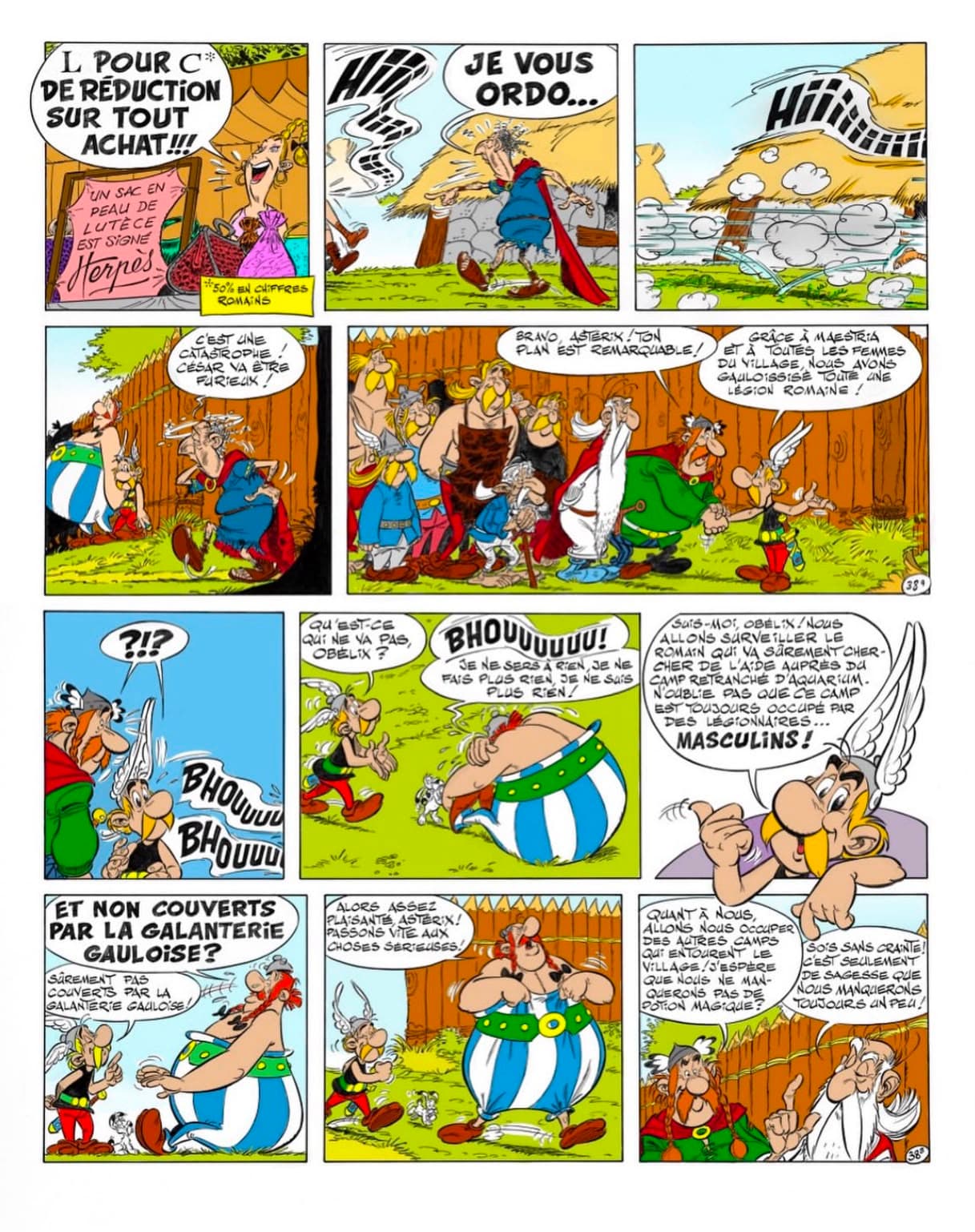 A brightly colored page from a Franco-Belgian comic village scene