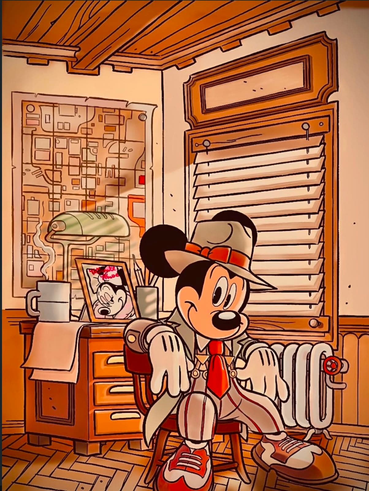 A detective character seated in a warm retro office crossed by venetian-blind light