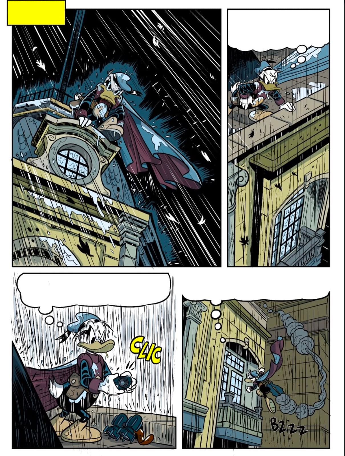 Paperinik page under heavy rain in a subdued atmospheric palette