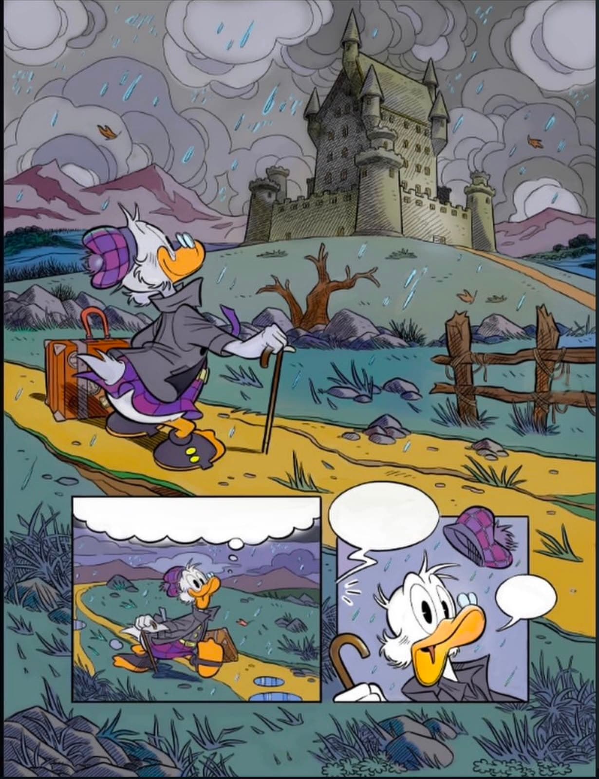 A duck character approaches a distant castle beneath rain clouds