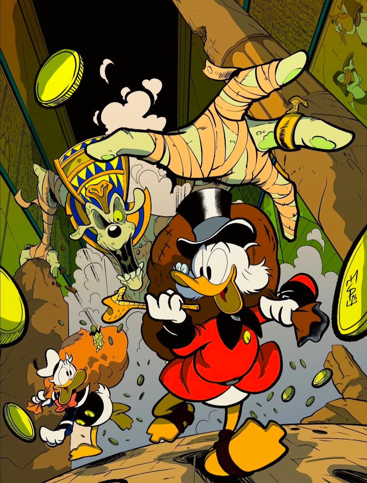 Scrooge McDuck escaping a mummy in a dramatic ancient tomb